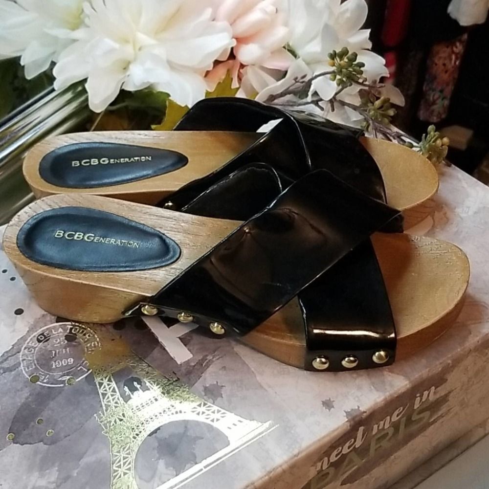 BCBGeneration Black & Wood Studded Soho Clog